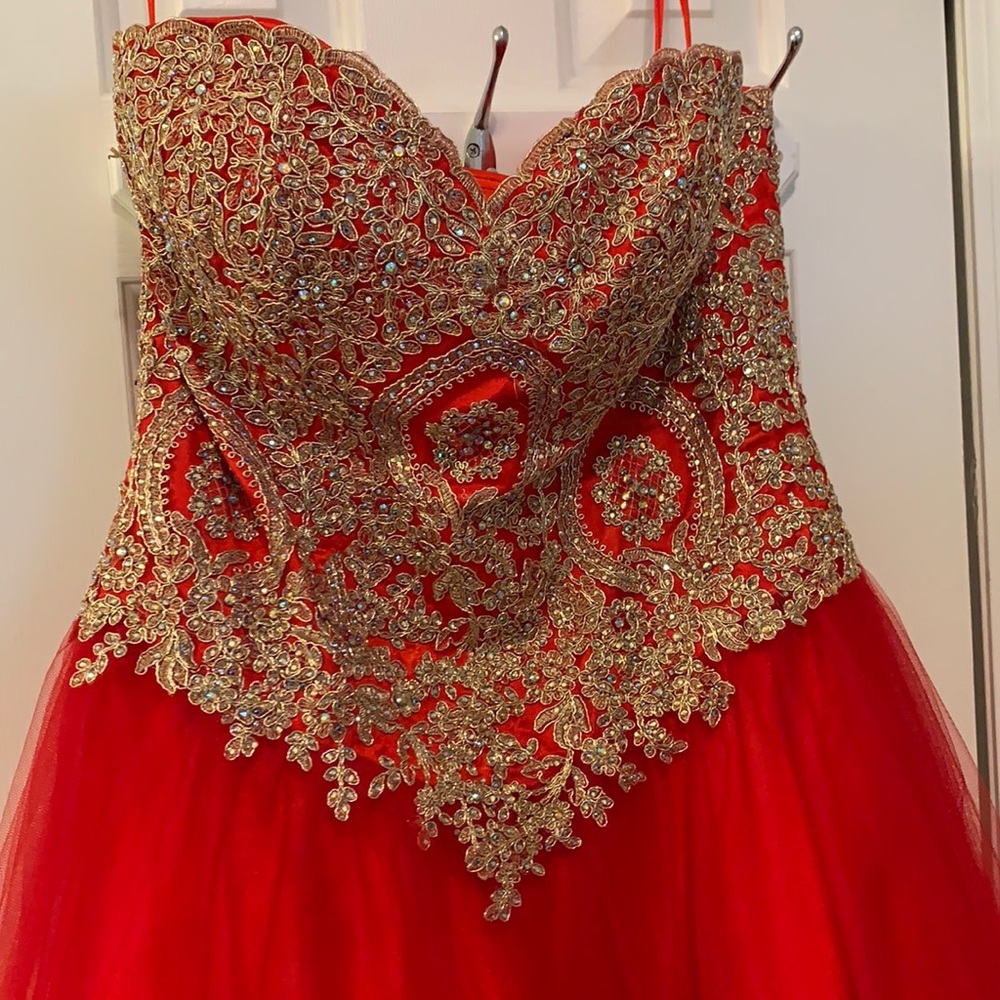 Red with gold appliqué ball gown, quinceanera  dress, corset back, prom